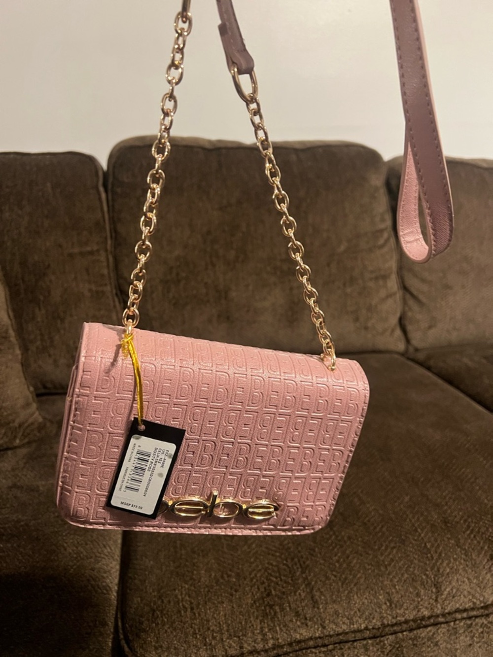 bebe Pink Embossed Logo Crossbody with Gold Chain Perfect Spring Bag